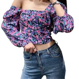 Zara Floral Crop Top Blouse – Puff Sleeves, Ruched, Multicoloured Size M
